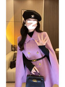 高级感冬装紫色斗篷，毛呢外套女秋季小个子，韩系小香风双面羊绒大衣