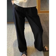 今年流行黑色窄版棉麻混纺直筒裤女2023夏季薄款小众设计感长裤子