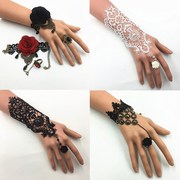 韩版饰品复古街头朋克时尚蕾丝手链带玫瑰花朵戒指一体链新娘