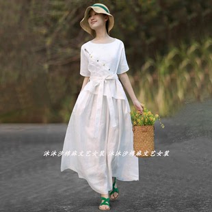夏季棉麻民族风纯白连衣裙，休闲文艺范女装(范女装，)复古宽松时尚长裙女