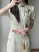 花歌复古旗袍·皎月竹，·新中式日常全开襟旗袍，绿色少女气质修身款