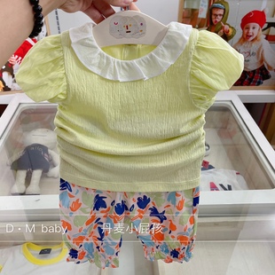 韩国专g童装21夏女宝宝，淡黄色短袖t恤碎花七分裤洋气套装f8