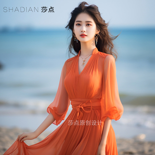 橙色连衣裙雪纺长裙五分，袖大摆裙收腰显瘦好看漂亮裙子海边沙滩裙