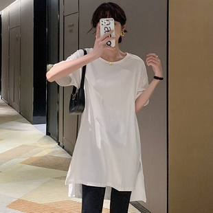 韩国版型设计纯棉简约百搭夏季韩版宽松长款纯色，圆领短袖t恤女装