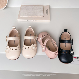 韩国镂空女童皮鞋软底宝宝公主鞋小众花朵儿童单鞋纯色玛丽珍童鞋
