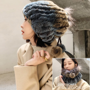 女士冬季皮草帽子护耳保暖獭，兔毛帽子围巾，围脖套两用款球球