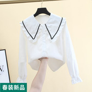 洋气白衬衫女长袖春秋学生韩版宽松拼色内搭法式娃娃领上衣