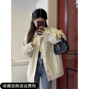 港风休闲拼接毛边牛仔外套，女2023春季宽松设计感显瘦夹克上衣