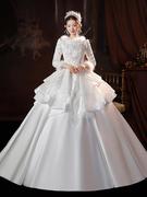 法式轻主婚纱2023新娘小个子齐地冬季长袖缎面出门纱加厚保暖