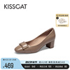 kisscat接吻猫2024春季复古圆头粗跟真皮鞋，舒适通勤单鞋女