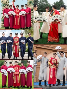 出租香槟色中式兄弟团，装婚礼伴郎服中国风，复古男士春秋大褂