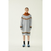 NI ATELIER原创设计师品牌 灰色费尔岛嵌花羊毛中长款毛衣连衣裙