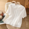 2023夏季娃娃领镂空刺绣白色，衬衫女短袖衬衣宽松减龄遮肚上衣