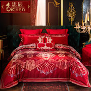 床上用品四件套欧式婚庆贡缎，提花大红色喜庆被套，结婚六件套十件套