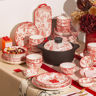 玫瑰花园碗碟套装家用结婚红色，餐具2024碗盘，筷子乔迁新居礼物