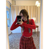 新年红色拼接褶皱长袖t恤女秋冬设计感内搭修身显瘦甜辣短款上衣