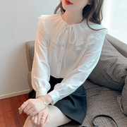 韩版长袖娃娃领衬衫，女别致漂亮开衫雪纺，上衣春季洋气白色小衫
