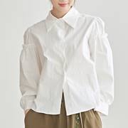 韩版纯棉衬衫女春装设计感小众时尚宽松百搭荷叶边拼接泡泡袖上衣
