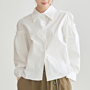 韩版纯棉衬衫女春装设计感小众时尚宽松百搭荷叶，边拼接泡泡袖上衣