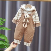 男女宝宝春秋夹棉小熊，灯芯绒背带裤套装，0-1-2岁小童装棉衣外出服