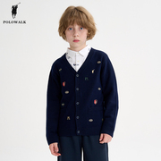 polowalk童装男童针织开衫，2024春季儿童v领单排扣毛衣外套