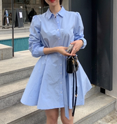 小清新衬衫裙韩国2023春夏法式气质系带单排扣长袖连衣裙