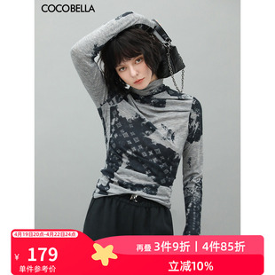 COCOBELLA气质印花高领针织衫女春设计感捏褶舒适打底衫TS531