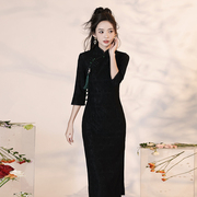 黑色长袖旗袍，2024秋季蕾丝中长款改良年轻显瘦日常新中式女装