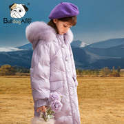 女童紫色羽绒服中长款2023冬装毛领洋气儿童加厚连帽女孩外套
