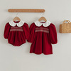 女童连衣裙娃娃领红色婴儿衣服，女宝宝包屁衣三角爬服姐妹装春秋款