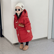 儿童红色牛角扣中长款羽绒服2023冬季韩版男童女童，白鸭绒(白鸭绒)外套