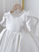 周岁女宝礼服白色，花童小女孩婚纱女童缎面，公主裙轻奢儿童生日礼服