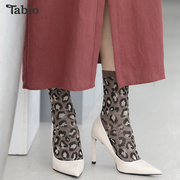 Tabio羊毛袜子女豹纹提花图案优雅性感中筒袜保暖女袜女士长袜