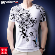 中国风花鸟图案印花男士v领男式短袖T恤 个性时尚纯棉半袖衫夏季