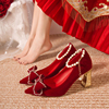 红色结婚鞋秀禾服两穿高跟鞋子新娘，鞋孕妇粗跟中式礼服鞋出嫁