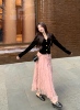 uu安娜微胖mm黑色法式复古小香风丝绒，上衣+粉色蕾丝亮片半裙套装