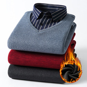 加绒加厚假两件毛衣男冬季中老年保暖爸爸装商务衬衫领长袖针织衫