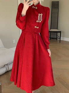 新中式旗袍红色敬酒服套装裙子秋冬大码新娘订婚回门连衣裙平时穿