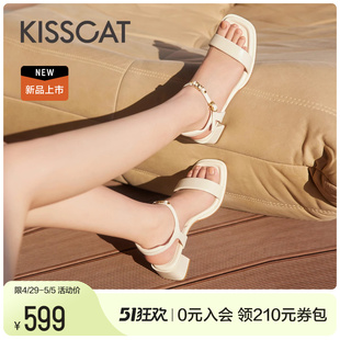 kisscat接吻猫2024夏季真皮，中跟凉鞋法式粗跟一字带凉鞋女