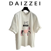 DAIZZEI~纯棉加厚短袖T恤女2023春夏宽松卡通字母设计感半袖上衣