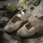 椿白玫瑰 /原创两穿玫瑰珍珠方头粗跟芭蕾单鞋国风旗袍鞋婚鞋