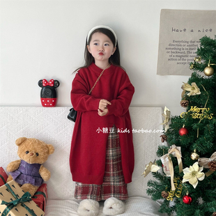 儿童红色针织连衣裙2023冬季韩版女孩加厚中长款毛衣裙(毛，衣裙)外套潮