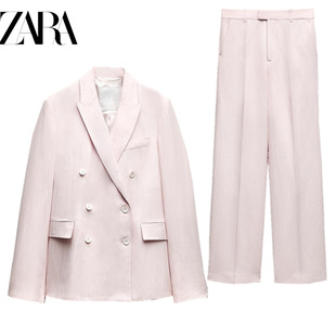 ZA春季粉色宽松双排扣西装外套中腰直筒长裤 2405235 2406235