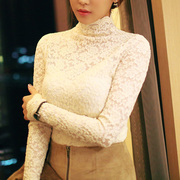 2023春季韩版大码白色蕾丝，高领长袖内搭加绒加厚打底衫女上衣