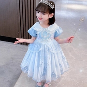 女童艾莎公主裙城堡绣花洋气娃娃领蓬蓬连衣裙夏装小女孩生日礼服