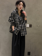 格子长袖衬衫女2024春季韩版时尚小众设计感不规则，上衣衬衣潮