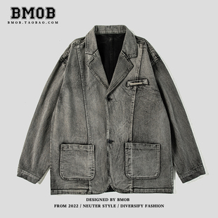 bmob高级设计感复古牛仔西装，外套男女潮牌美式高街头(高街头)工装做旧夹克