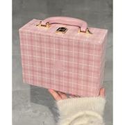 3CE粉色格纹首饰盒双层化妆箱化妆包腋下包手提包云朵包水杯