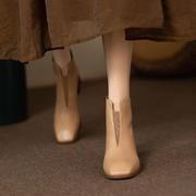 真皮切尔西靴女2023秋冬法式复古高跟短靴气质方头粗跟及踝靴