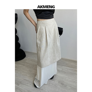 akmeng日系亚麻设计感假两件半身裙女夏黑色质感，高腰a字拼接长裙